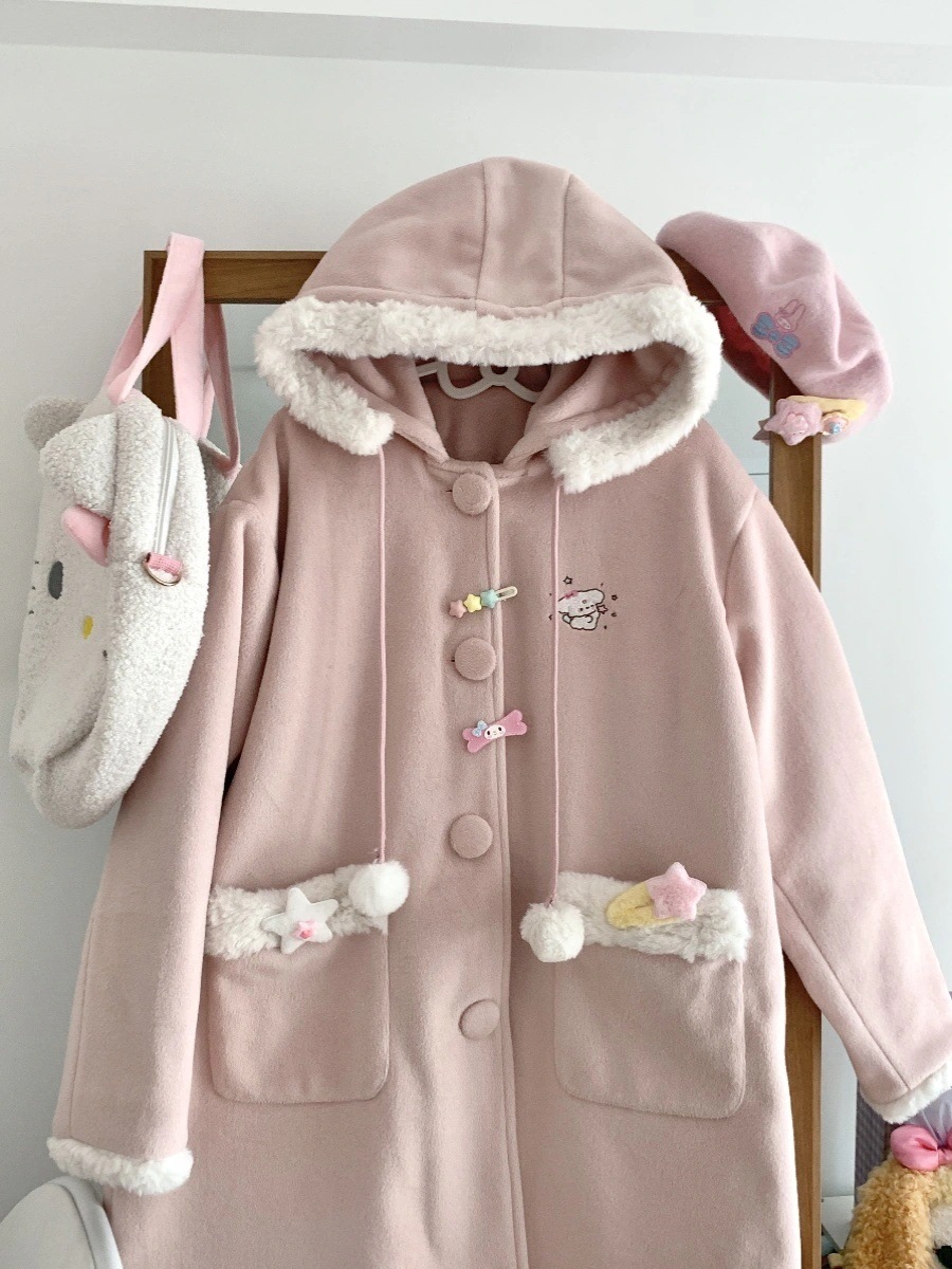 ピンクロングウールコートレディースウールコートシーズンカップルカレッジキルティングコート