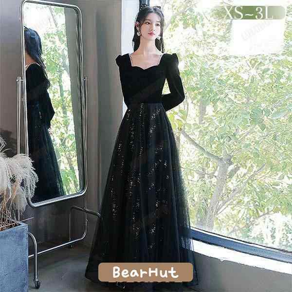 【2025新作SALE】ドレス 大人 ピアノ 発表会 ロングドレス 演奏会 結婚式 母親 ピアノ発表会 黒 袖付き キラキラ ワンピース 長袖 演奏会ドレス 演奏会用ドレス パーティードレス