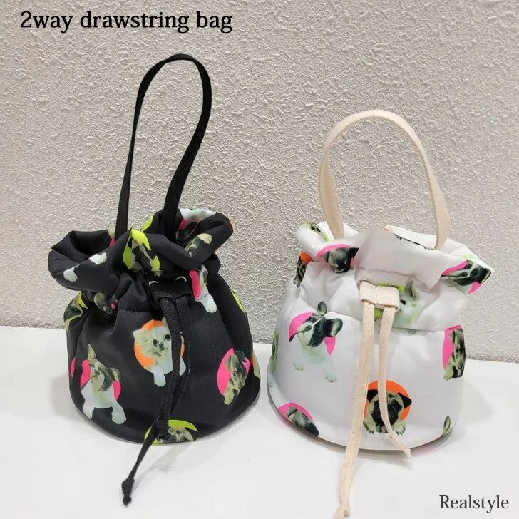2wayドッグプリント巾着バッグ レディース ショルダーバッグ ハンドバッグ