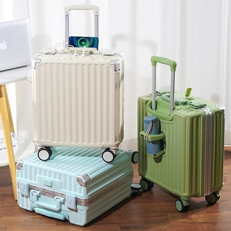 旅行シーズン荷物レディース インチ小型トロリーケースカップホルダーアルミフレームパスワードメンズスーツケース強力な充電式搭乗ケース