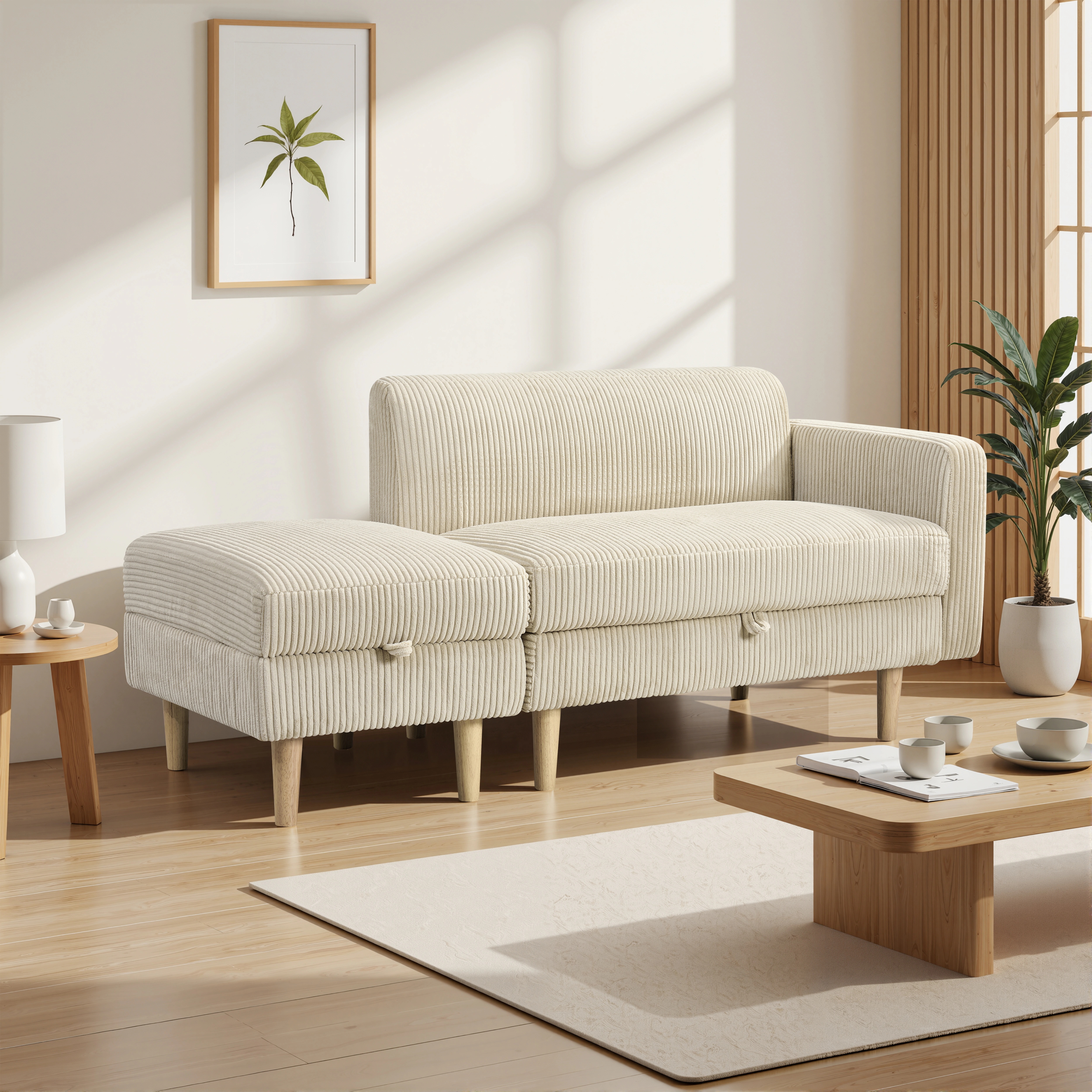 One Arm 2 Seater sofa+Ottoman ソファ 2人掛け 収納付き オットマン付き ファブリック 肘掛け 木脚外し可能 ローソファ コンパクト ひとり暮らし カウチソファー