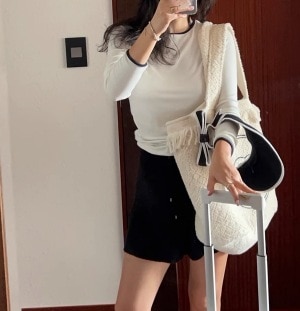 トップス Tシャツ カットソー 袖あり 長袖 ラウンドネック 襟なし 伸縮性 きれいめ シンプル カジュアル 大人 上品 おしゃれ お洒落 大人女子 こなれ感 マニッシュ ガーリー クール モード系