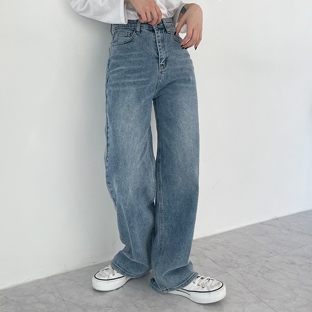 韓国の女性ファッション / デイリーハイウエストワイドデニムパンツ pt1007