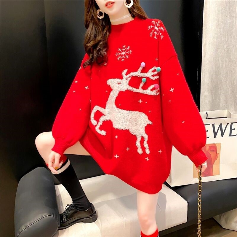 女性用レッドクリスマスセーターミドル丈5秋冬ファッション多用途ルーズ肥厚スタイルプルオーバーセーター