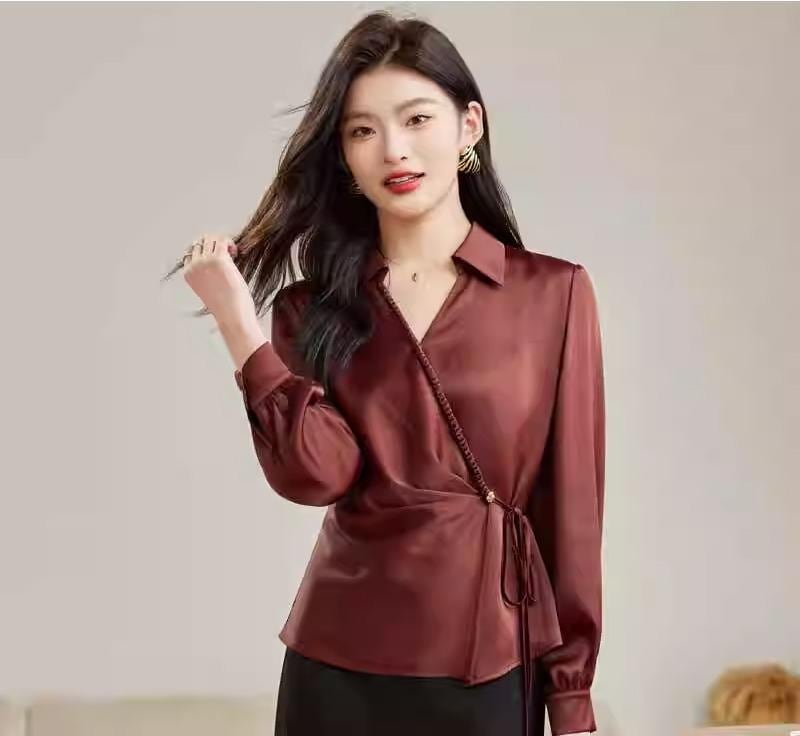 シフォンシャツ ブラウス レディース 秋 フェミニン 女性 カジュアル シンプル リボン 長袖 ポロ襟 シングルブレスト 通勤 オフィス 薄手 軽量 柔らかい トップス スリムフィット 蝶結び