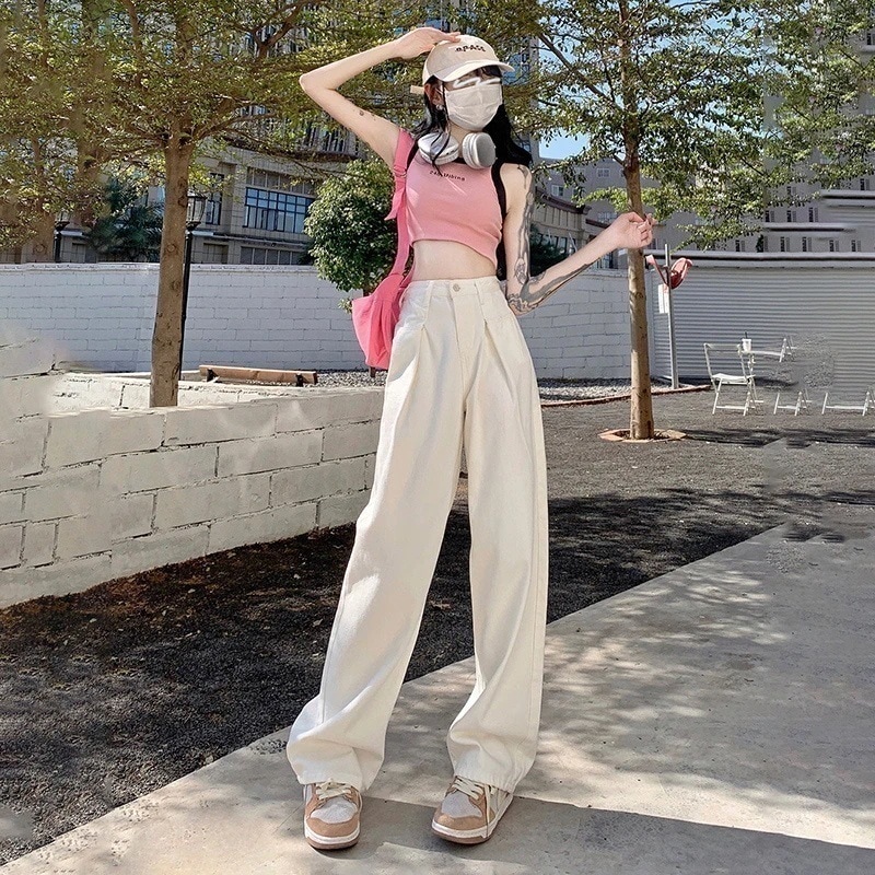 スラックスパンツレトロ ギャザー 感 ハイウェスト ドレープ感 モップパンツ ワイドパンツ ストレートパンツ ジーンズ レディース コーディネート ニューデザイン2047