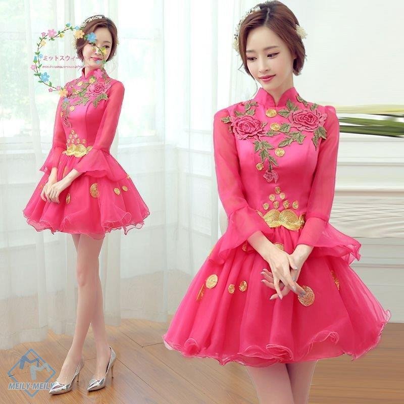 パーティードレス ミニドレス 花柄 チャイナドレス 成人式 お呼ばれ 花嫁 二次会 フォーマル カラ