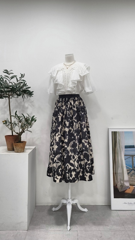 フラワーロング捺染スカートコットンフルスカート マキシロングバンディングスカート