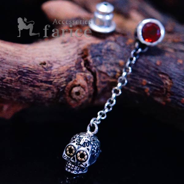 天然石 ガーネット スカル 髑髏 クロス 十字架 メキシカン シルバー925 チェーンピアス