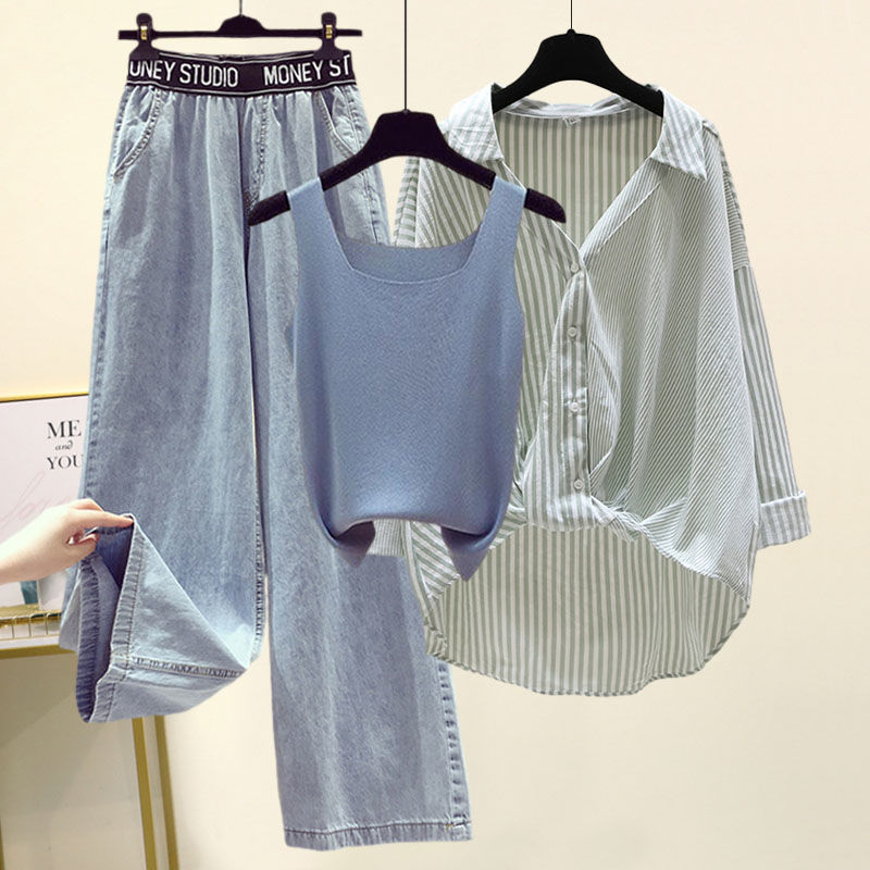 【再入荷予定】 無地キャミソール＋ストライプ柄シャツ＋デニムパンツセット 3点セット