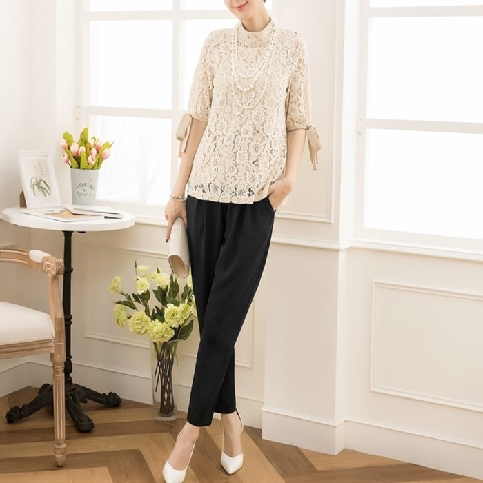 トップス ボトムス セットアップ レディース 3点セット 袖なし ノースリーブ 半袖 襟付き スタンドカラー フェミニン レース リボン きれいめ シンプル 上品 おしゃれ こなれ感 ラフ エレガント