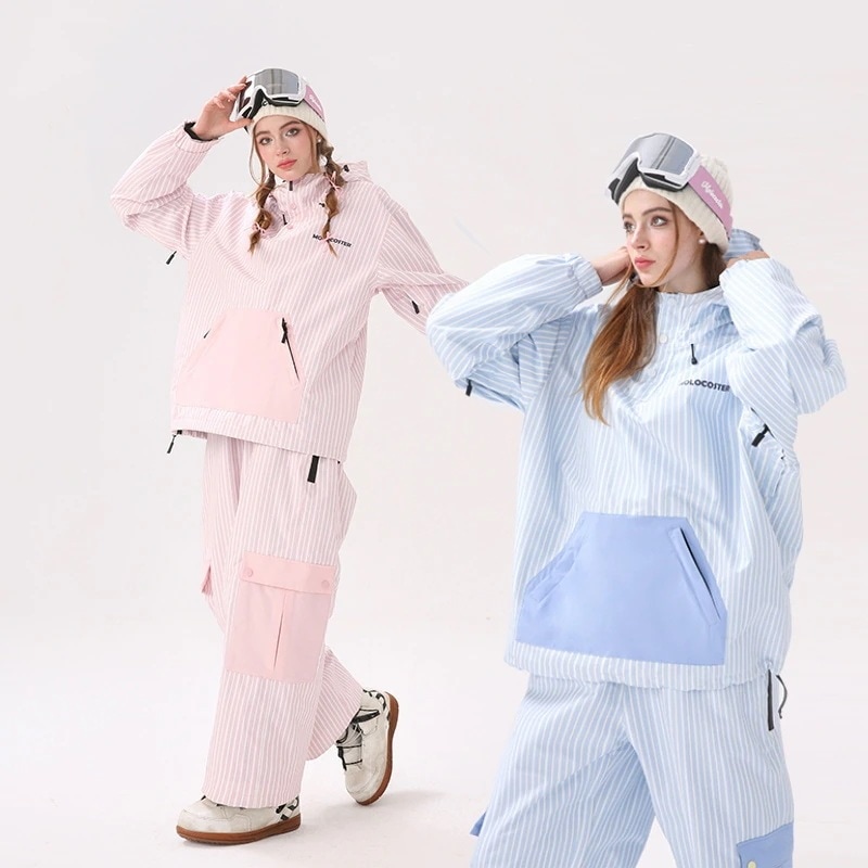 スノボウェア 2025 2026 耐水圧20000mm 上下セット ジャケット パンツ オーバーオール ストライプ 韓国風 メンズ レディース スノーボードウェア スノーウェア スキーウェア 青ピンク