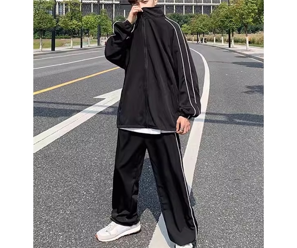 メンズ 男性用 二点セット 上下セット ツーピース スウェット ジャージ セットアップ スポーツウェア フルレングス 長袖 前開き ファスナー シンプル カジュアル おしゃれ かっこいい スポーティー