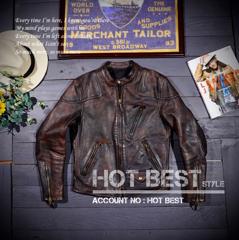 本革 メンズ 最高峰 レア 茶芯ホースハイド 復刻50s ヴィンテージ加工 パテッド シングルライダース レザージャケット 馬革