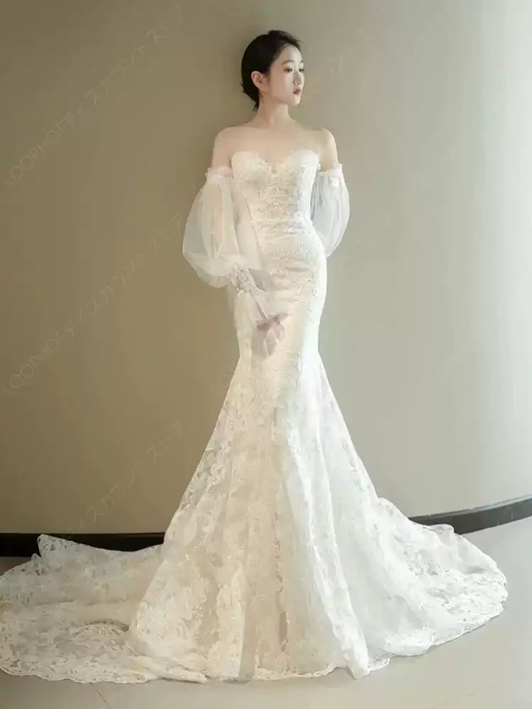 ロングドレス マーメイドライン 挙式 花嫁 ドレス トレーン 大きいサイズ ウェディグドレス ウエディングフォト パーティードレス 結婚式 二次会 シャンペン-41