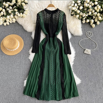 総レースワンピース ワンピース フレアワンピース ワンピドレス ロング ロング丈 袖あり 長袖 ハイネック フレア Aライン レース ウエストマーク ハイウエスト 透け感 シースルー かわいい
