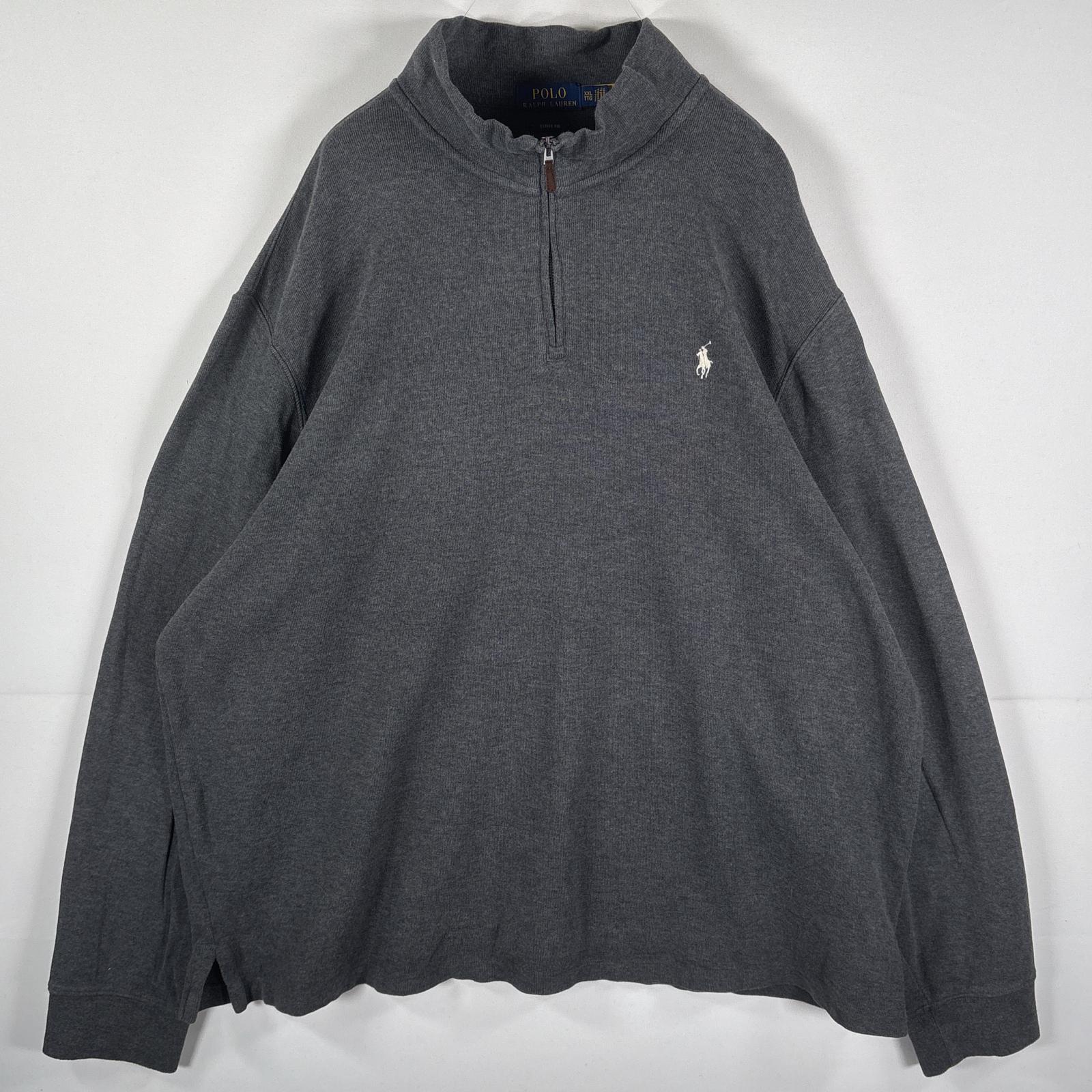 古着 コットンニット ハーフジップ ワンポイント刺繍ロゴ ESTATE RIB XXL グレー メンズ