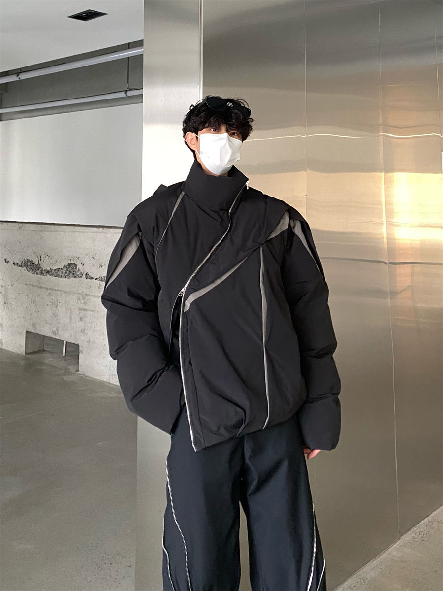 裏起毛ファッション ツートンカラー パッチワーク コントラストカラー 立ち襟 裹起毛 高級感 個性 カップル コットンジャケット ゆったり 百掛け ニッチデザイン ジャケット