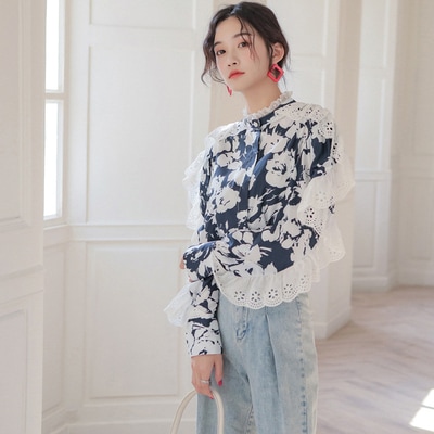 トップス レディース シャツ ブラウス 袖あり 長袖 ボリューム袖 ラウンドネック フレア レース