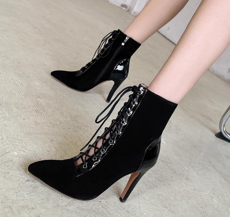 ショートブーツ　ハイヒール　編み上げブーツ　ショートブーツ　大きいサイズ　26.5センチまで　小さいサイズ　ポインテッドトゥ　ブーティー　サイトファスナー　暖かい　冬靴　春　秋　美脚効果 　10センチ