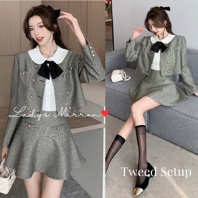 新入庫 ツイード セットアップ 韓国 地雷系 黒 同窓会セットアップ 成人式セットアップ ジャケット カーディガン スカート レディース チェック柄 ラウンドネック 春 秋 冬 長袖 ミニ丈 ショート