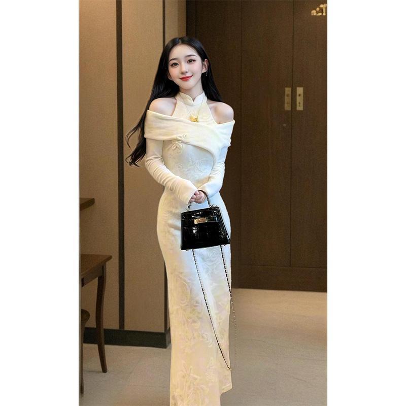 パーティードレス ネックストラップレス優しい気質チョンサムカクテルドレス冬をぶら下げドレス 4,667円