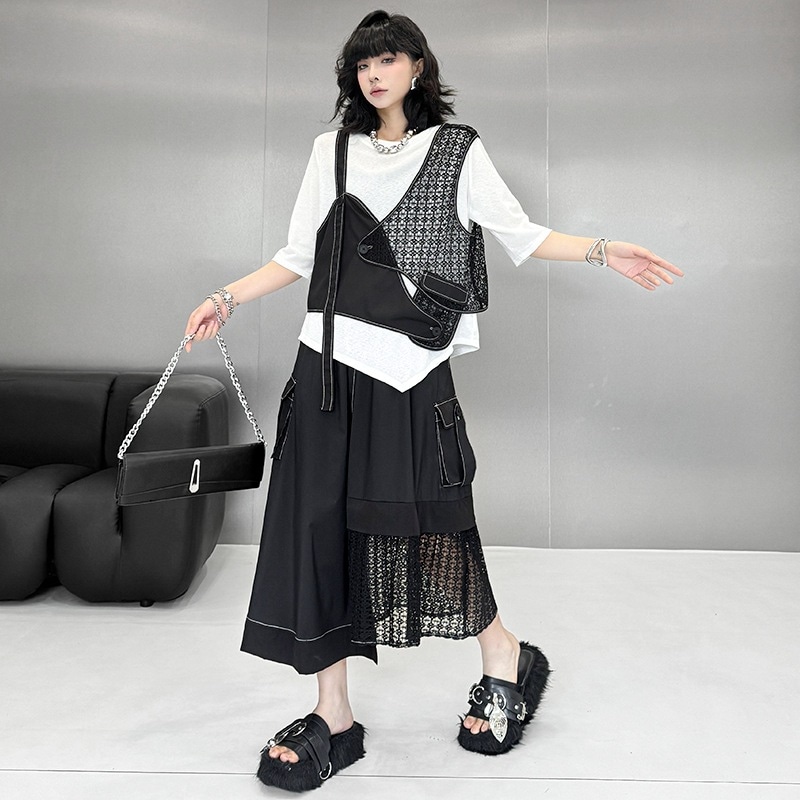 【J.Fashion】デザイン感 切り替えカジュアル 個性セットアップ イレギュラーベスト/スカート二点セット ゆったりカジュアル体型カバー上下セット