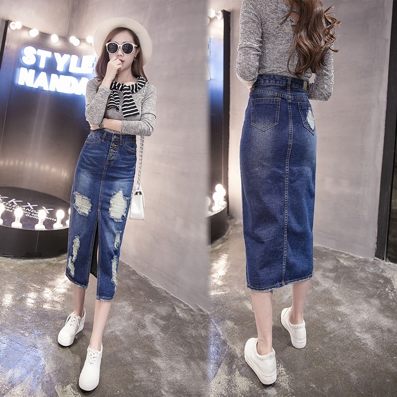 3177.ミモレ丈 カジュアルなデニムスカート（ダークブルー）2019 春夏 タイトスカート ダメージ 普段使い 大きいサイズ