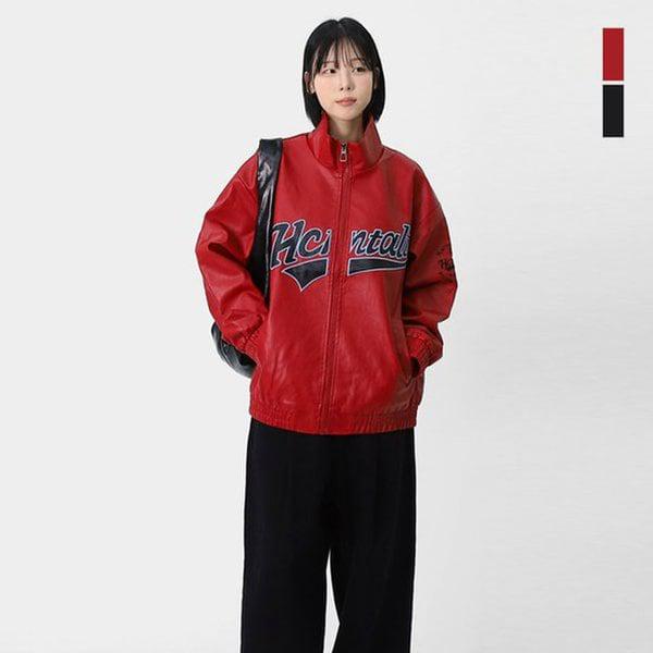 男女兼用ハイネック革ジャンパー刺繍ロゴスタジアムレザージャケットSDN001