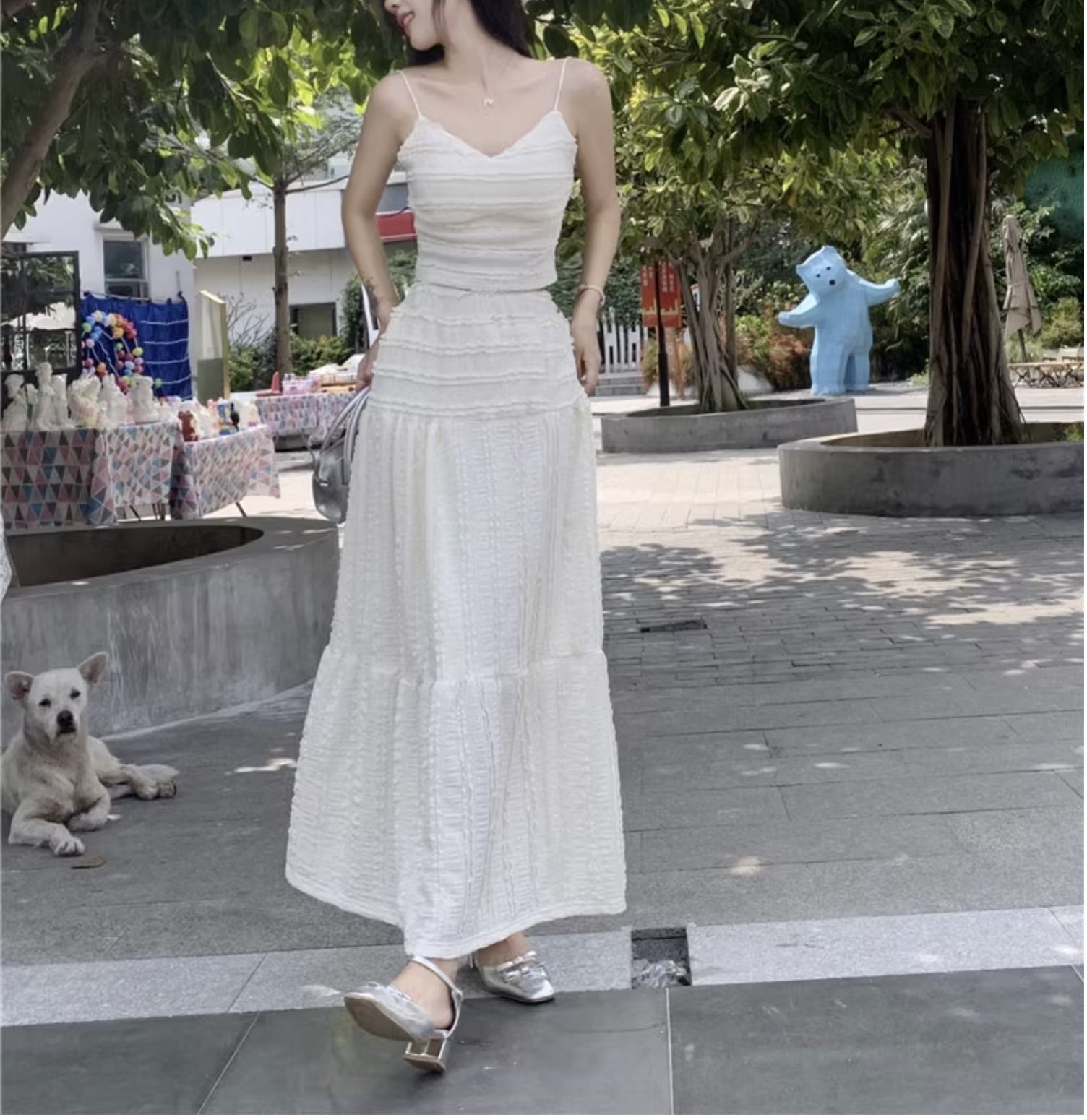 個性的 夏 服 トップス スカート セットアップ 上下セット ギャザー キャミソール ティアード アンクル 9分丈 マキシ丈 袖なし ノースリーブ Vネック フレア セミフレア Aライン 切