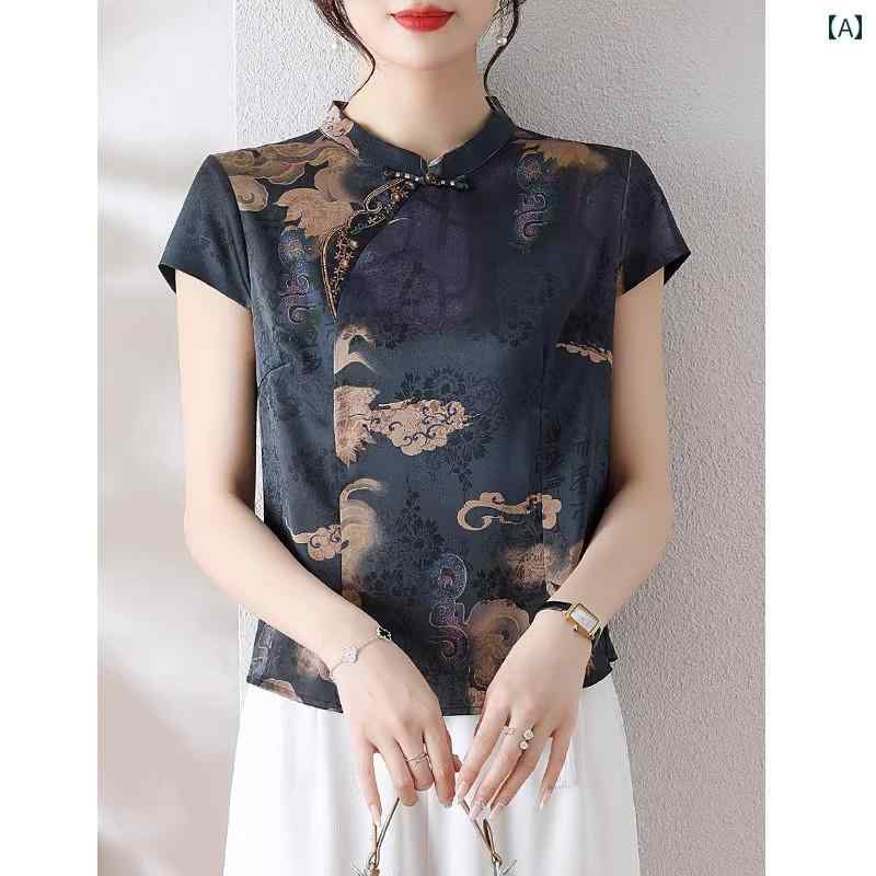 セットアップ レディース 上品 おしゃれ マダム 婦人服 ファッション 夏 トップス チャイナ風 ブラウス 夏 高貴 シフォン