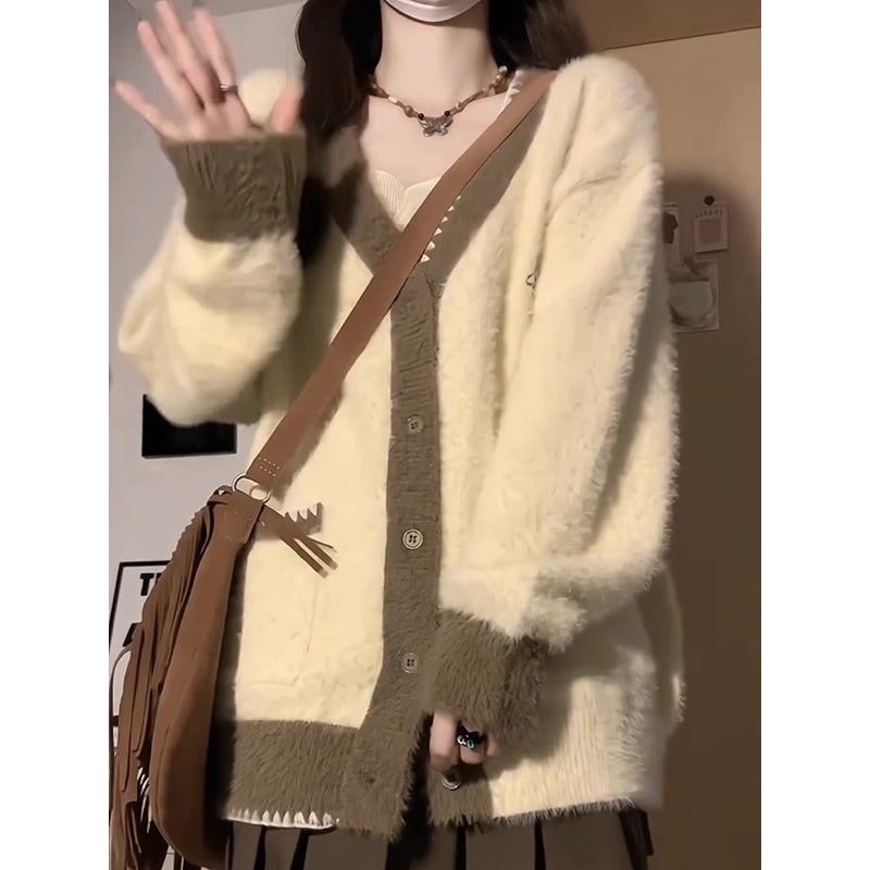 2025秋冬ゆったり怠惰なカレッジスタイルコントラストカラーvネックセータージャケットレディースソフトワックスイミテーションミンクフリースニットカーディガン