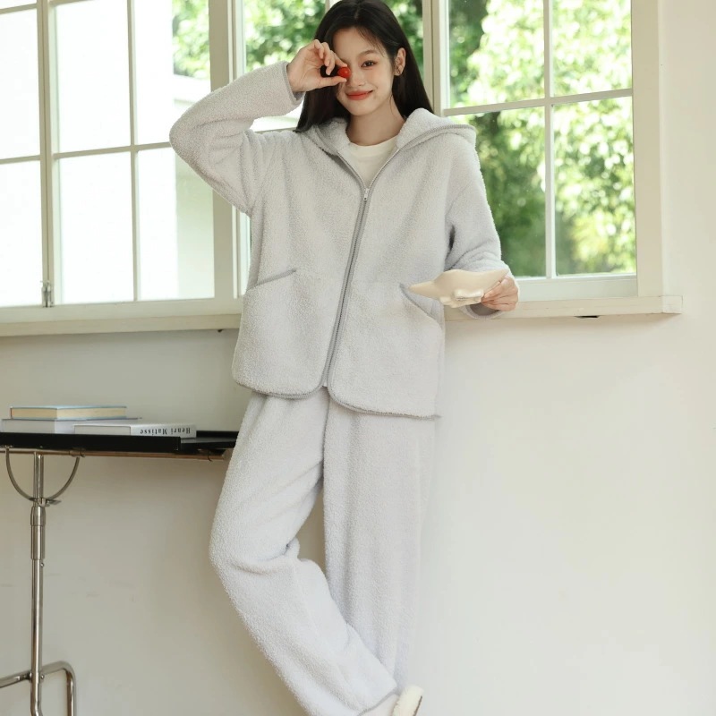 ルームウェア 上下セット 部屋着 レディース 冬 着る毛布 ふわもこ 無地 パーカー ルームウェア 折り襟 ボタン付き 秋冬 い 前開き ジップアップ ポケット付き ナイトウェア フード付き 暖か 裏