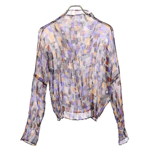 日本製 総柄 長袖 プリーツ シースルー カットソー M グレー系 レディース