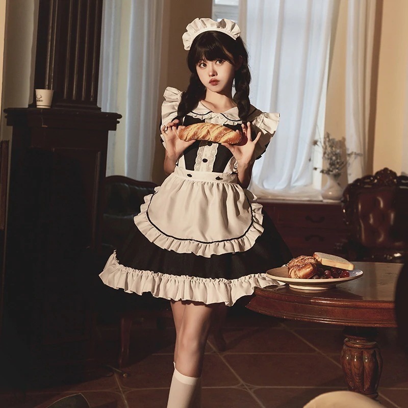 内ロリータ 二次元 メイド服 和風コスプレ レストラン制服 レース半袖メイド 韓国ファッション