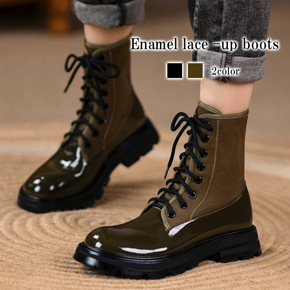 ブーツ レディース エナメルレースアップブーツ 暖かい おしゃれ ミドル丈 夏 ローヒール 軽量 防水 ショート スニーカー 軽い ヒール 厚底 きれいめ 撥水 ロング 滑らない ミドル 兼用 春 レ