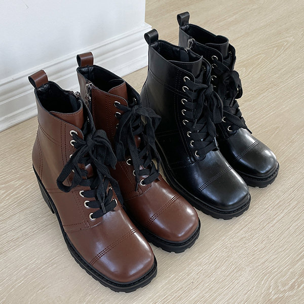 ショートブーツ トラックソール スクエアトゥ レースアップ 黒 茶色 ブラック ブラウン