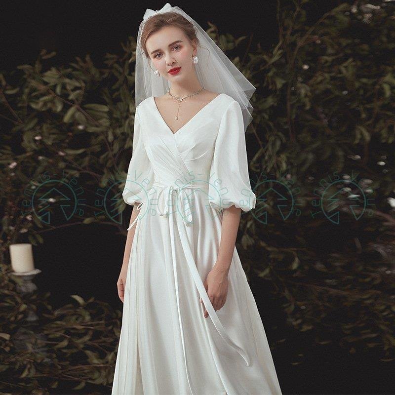 ウェディングドレス ロング丈スカート シースル 結婚式 5分袖 パフスリーブ パーティードレス 二次