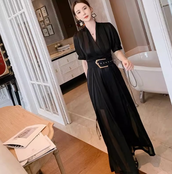 レディース ワンピース ドレス ロング 半袖 パフスリーブ Vネック ラップ ベルト ウエストマーク シアー かわいい 大人可愛い きれいめ 上品 おしゃれ ガーリー 個性的 エレガント モダン