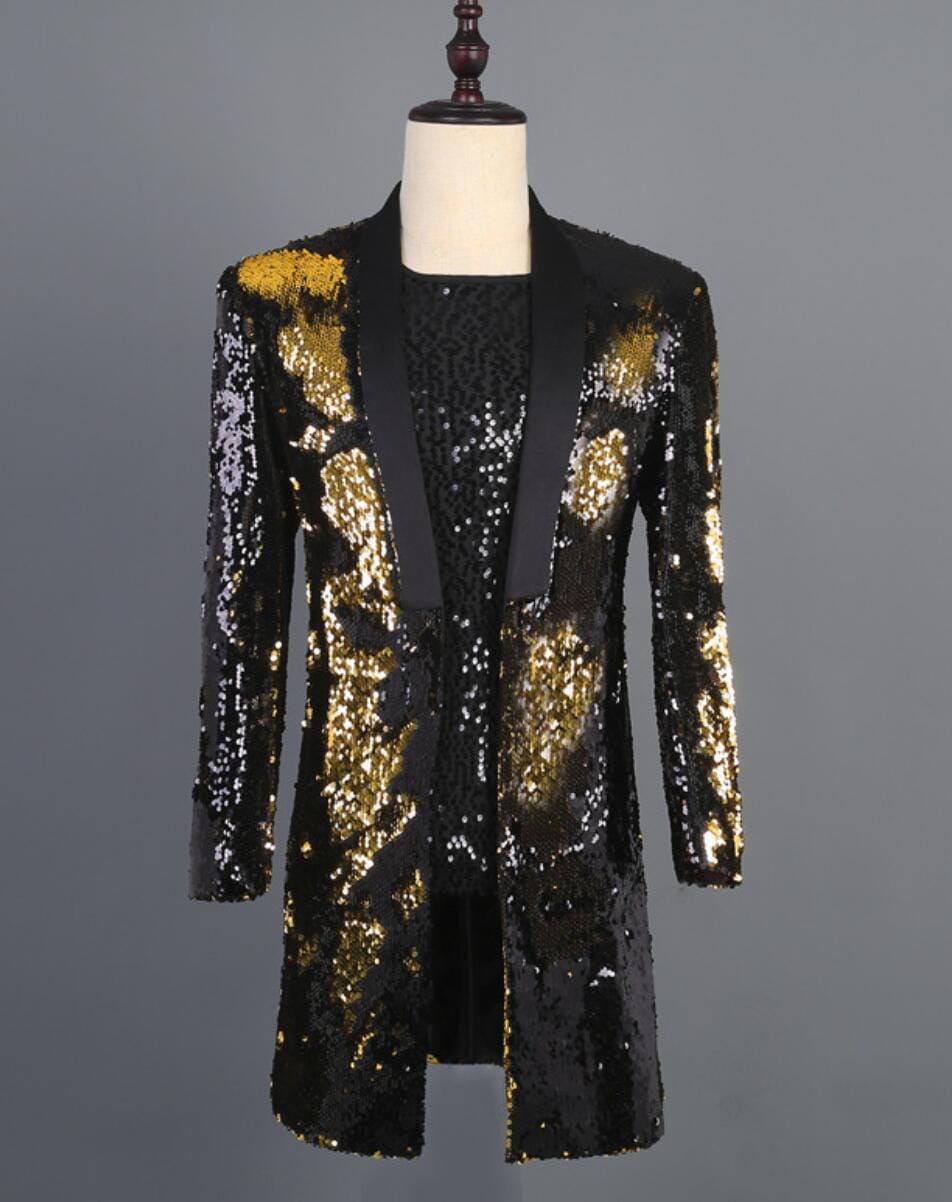 ステージ スーツ メンズ ダンス 衣裳 スパンコール ジャケット ミディアム丈 黒に金銀 きらきら 舞台 演出 スーツ コート 長袖 おしゃれ パーティー イベント カラオケ コスプレ 舞台 衣裳 ス