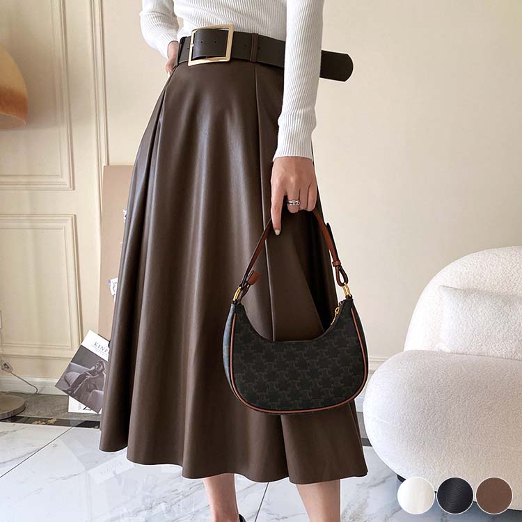 レザースカート レディース ミモレ丈 フレア Aライン スカート ハイウエスト セミロング エレガン