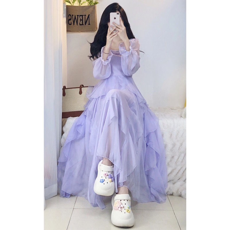 パープルドレスレディース長袖メッシュ妖精ようなウエスト痩身ロングスカート