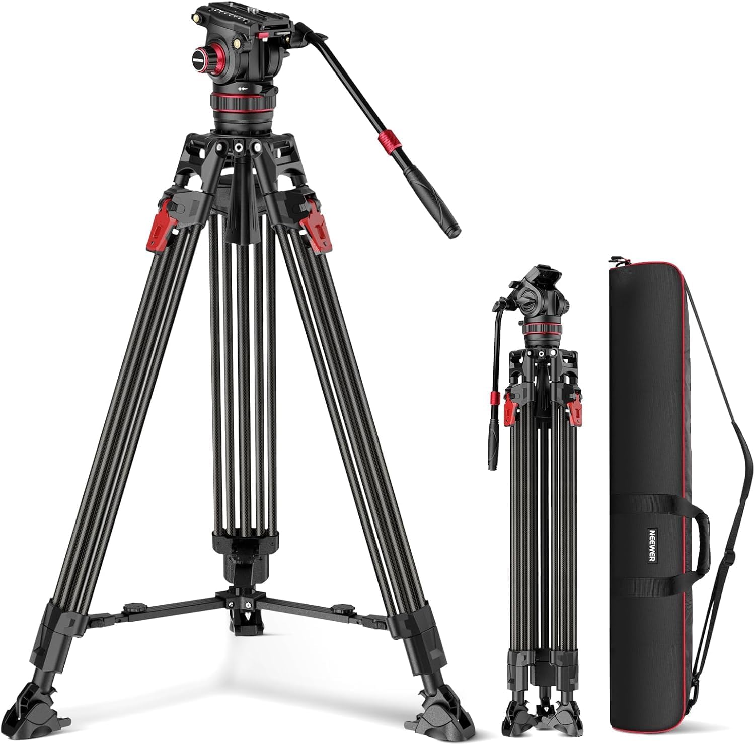 高さ198cm 耐荷重10kg カーボン製カメラ三脚 フルード雲台・QRプレート・ハンドル付き ワンステップロック ダンピング調整可能