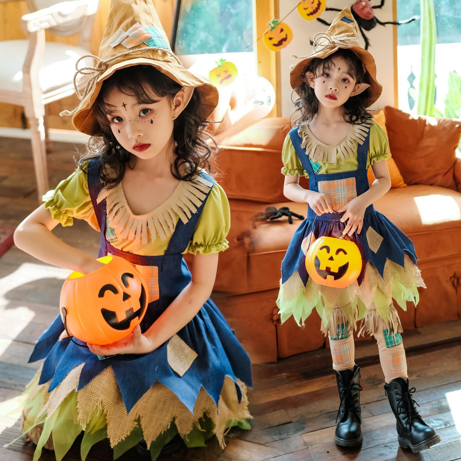 ハロウィンの子供用コスチュームベビー子供服かかしの田園ドレススカート女の子のピエロの魔女のパフォーマンスコスチューム