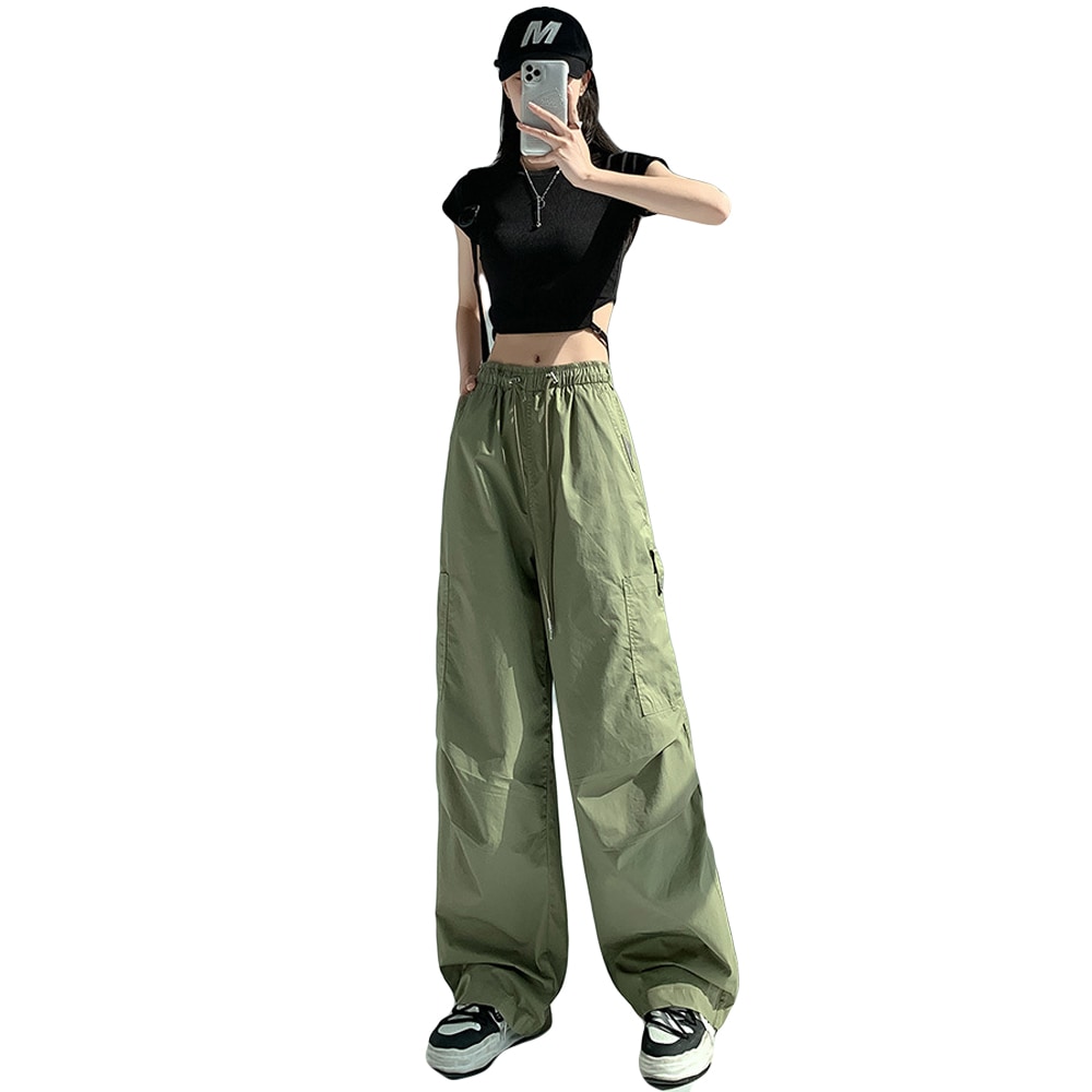 ウエストゴムワイドカーゴパンツ レディース ハイウエスト ワークパンツ ロングパンツ ズボン ゆったり 大きいサイズ ストリート ダンス