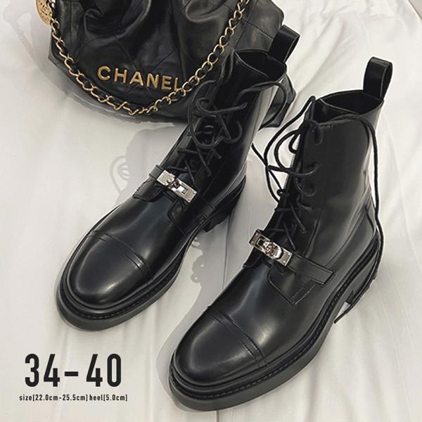 ショートブーツ 金具ベルト レースアップブーツ ブラック おしゃれ トレンド 上品 カジュアル / 金具ベルトレースアップショートブーツ