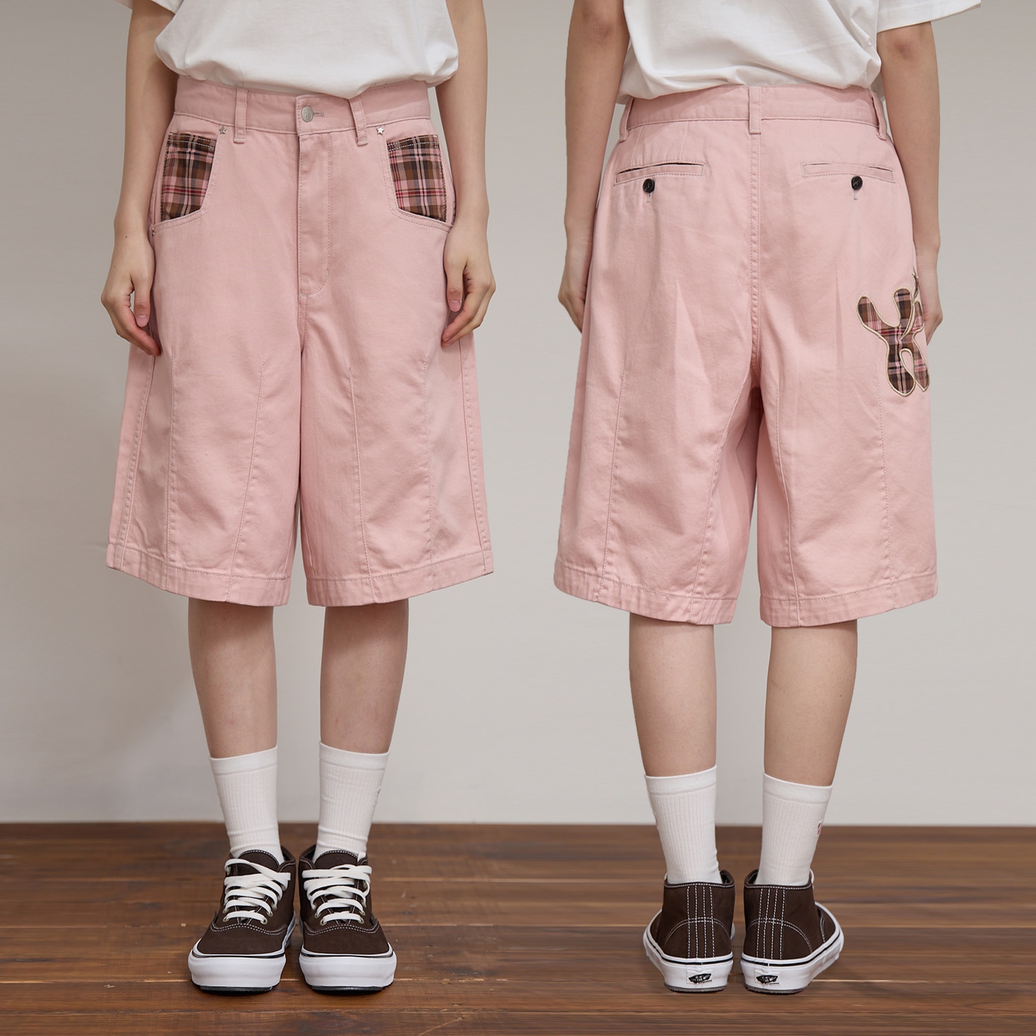 Check Applique Half Pants PINK