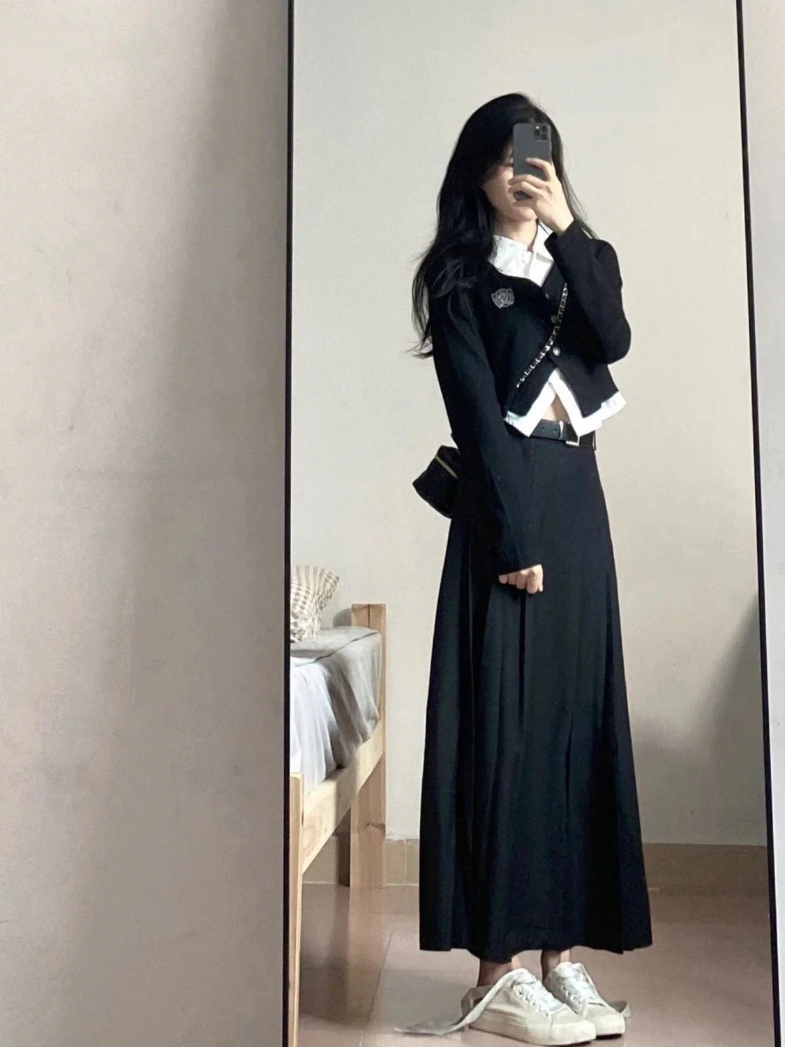 涼しく楽ちんセットアップ制服2023秋装新作学院風黒上着半身スカートロングスカート韓国系2点セット韓国ファッション 通勤30%制限