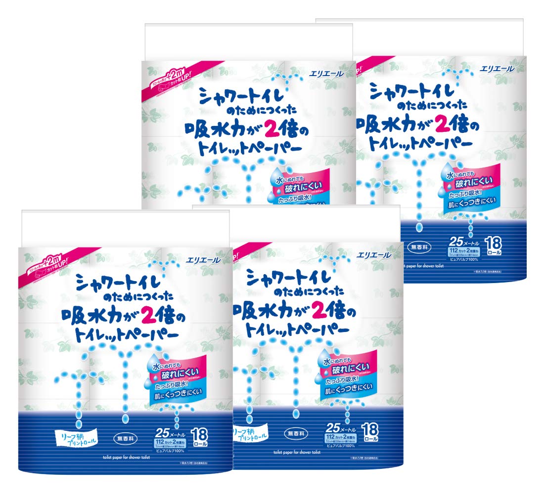 エリエール シャワートイレのためにつくった吸水力が2倍のトイレットペーパー 25m(112シート)×72ロール(18ロール×4パック)ダブル パルプ100% 【ケース販売】