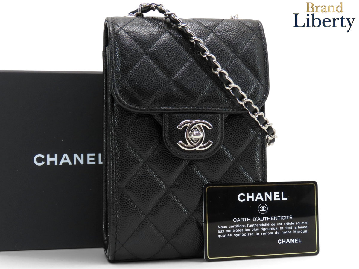 新品同様シャネルCHANELマトラッセココマークキャビアスキンフォンケースフォンポーチチェーンショルダーポーチポシェットiPhoneケーススマートフォンケースブラックシルバー金具シャイニーグレインドカ